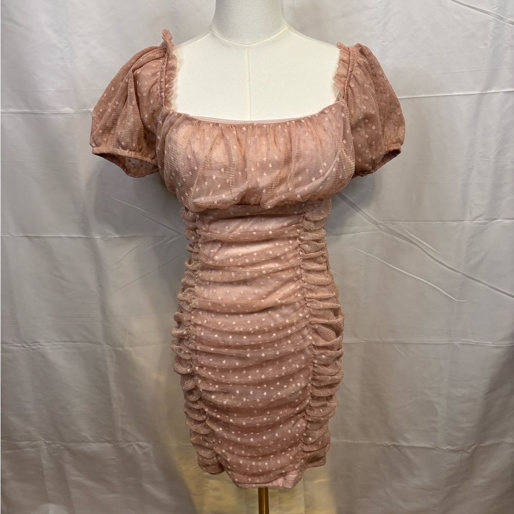 Blashe Blush Pink Swiss Dot Ruched Mesh Mini‎ Dress Puff Sleeve Medium